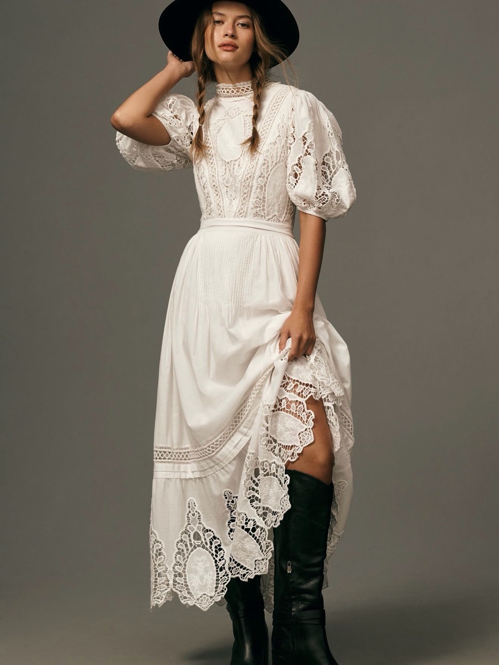 Anthropologie White Lace Maxi Dress with Puff Sleeves